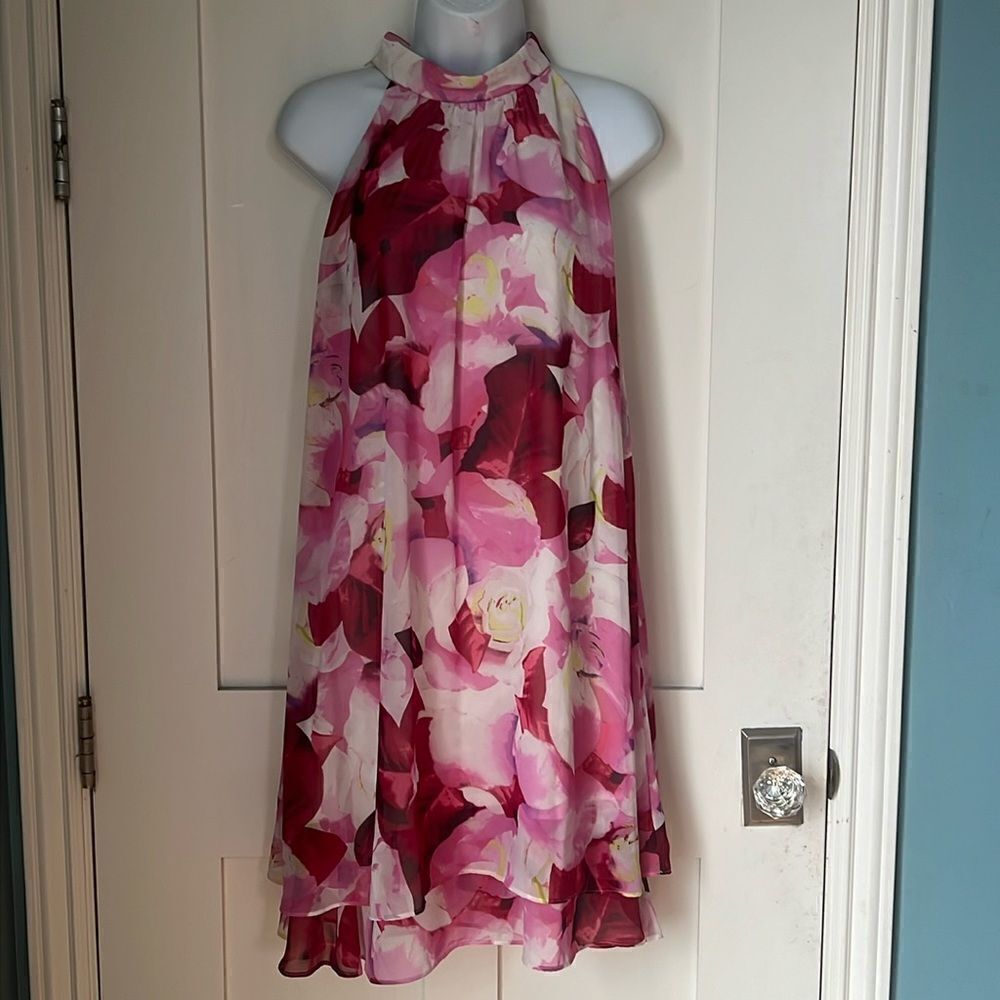Eliza J Women's Chiffon Pink & Cream Floral Print Halter Neck Dress sz 8 - Picture 2 of 11